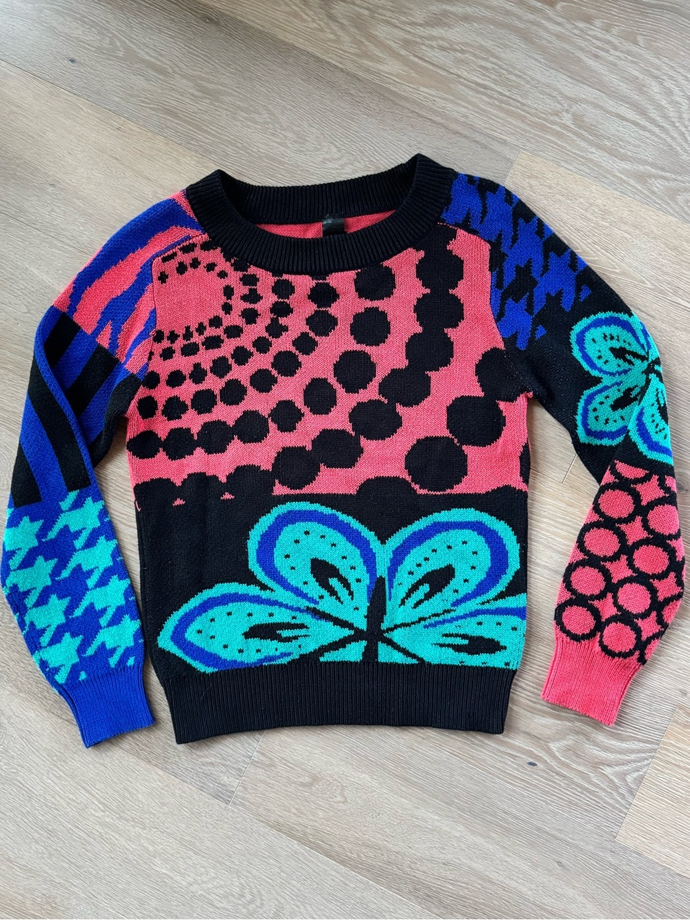 Desigual Fine Knit Collage Sweater Houndstooth Floral Geometric Teal Blue Black